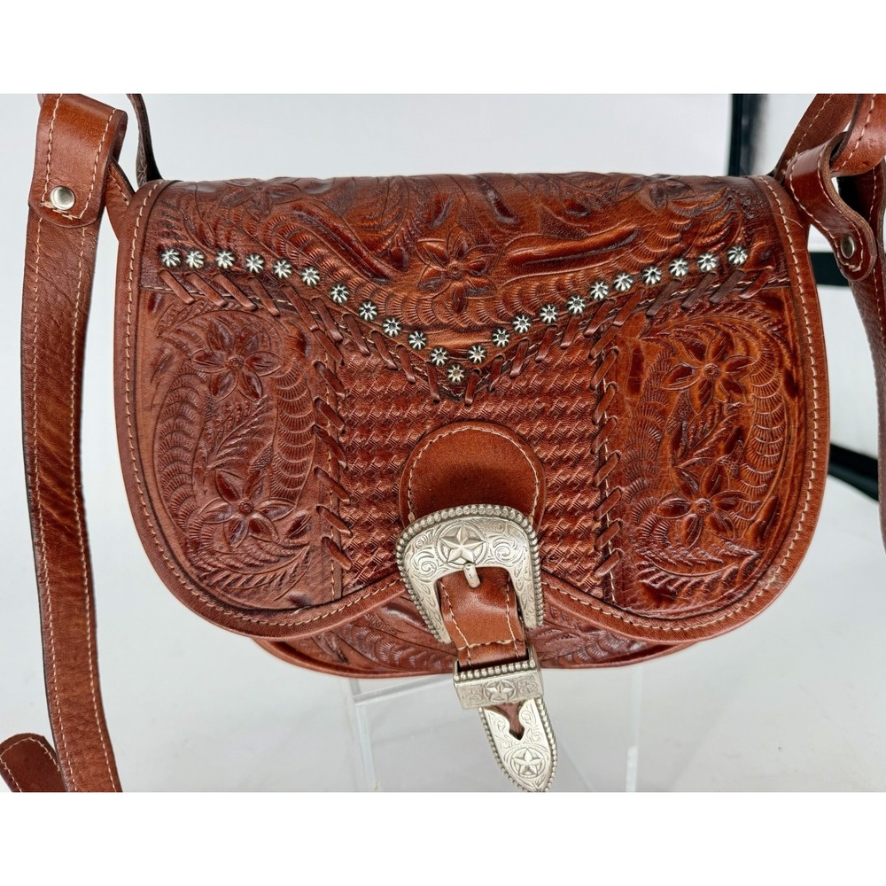 American West Floral Design Hand-Tooled Genuine Leather Crossbody Bag Purse